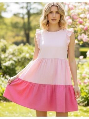 J. Crew Two-Tone Pink Tiered Ruffle Sleeve Casual Dress